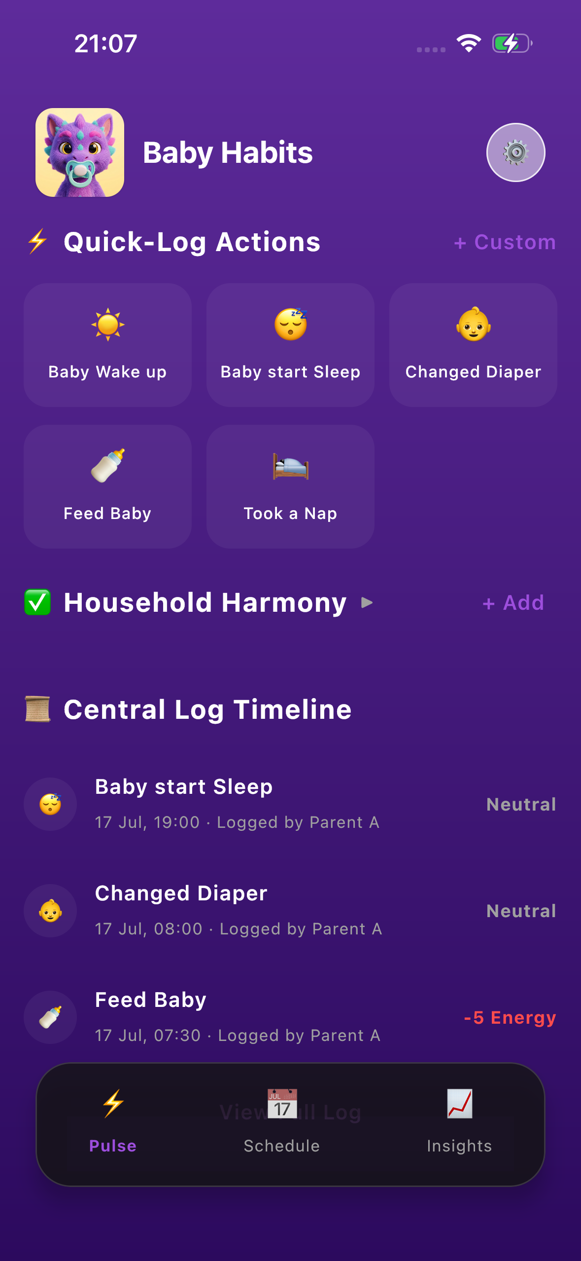 Baby Habits home screen showing one-tap Quick-Log actions and the Central Log Timeline