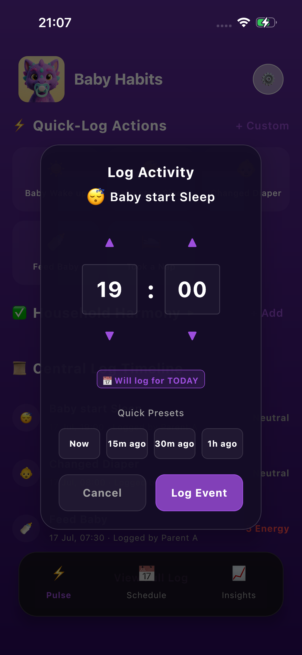 Long-press quick-log dialog for adjusting the time of a logged event
